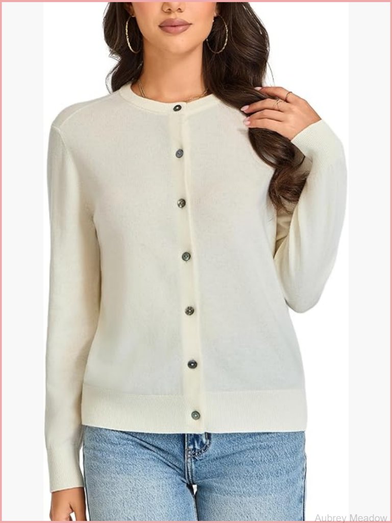 Merino Wool Cardigan With Real Shell Buttons - Fitted Long Sleeve Sweater